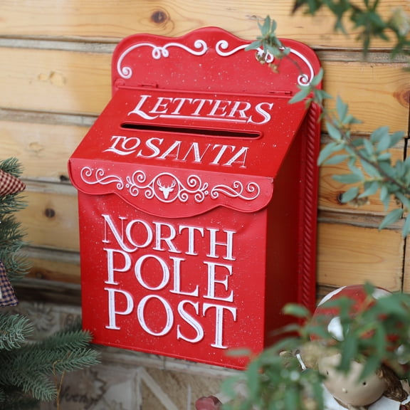 Christmas Mailbox for Letters to Santa, Vintage Wall Mount Outdoor & Indoor Decor for Porch, Fireplace Mantel, Red North Pole Post Box, Farmhouse Holiday Decoration