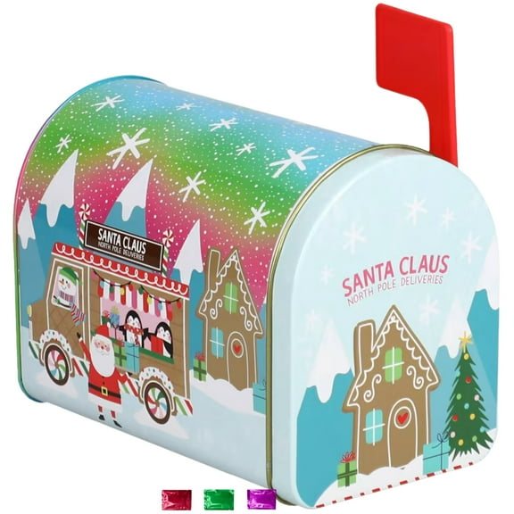 Christmas Mailbox-Shaped Tin With Lid WITH BONUS Snoep in Beperkte Oplage Festive Santa Mailbox Gift Tin for Holidays, Candy Storage & Decoration
