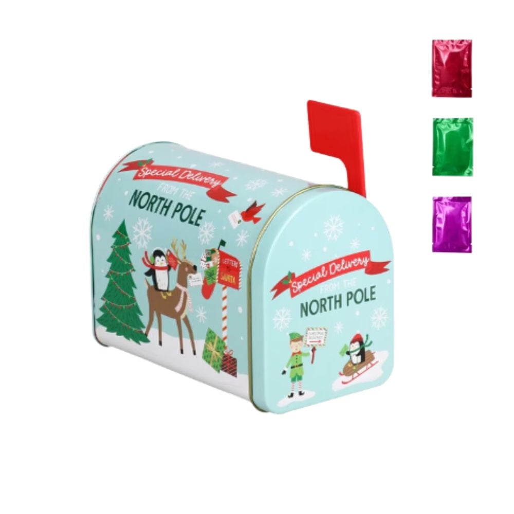 Christmas Mailbox-Shaped Tin With Lid WITH BONUS Snoep in Beperkte