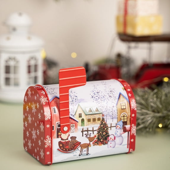 Christmas Mailbox Tin Box Metal 5.31x4.92x3.14in Durable Festive Pattern Storage Container for Cards Treats Mantle Tabletop Holiday Decoration Organizer