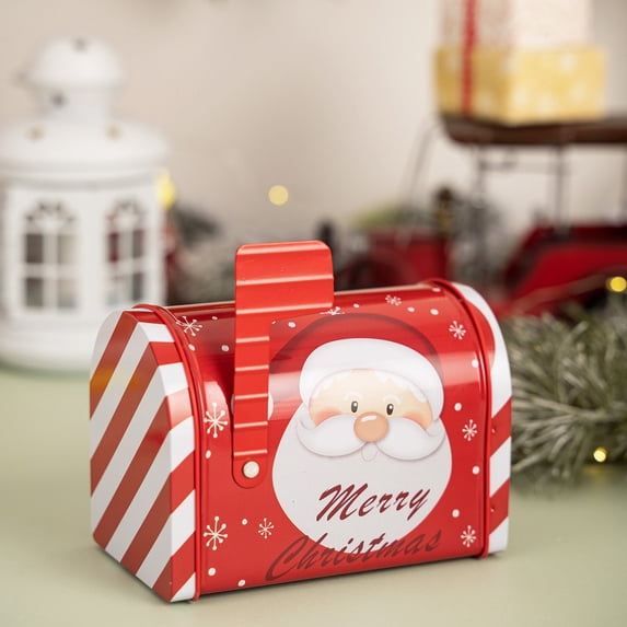 Christmas Mailbox Tin Box Metal 5.31x4.92x3.14in Durable Festive Pattern Storage Container for Cards Treats Mantle Tabletop Holiday Decoration Organizer