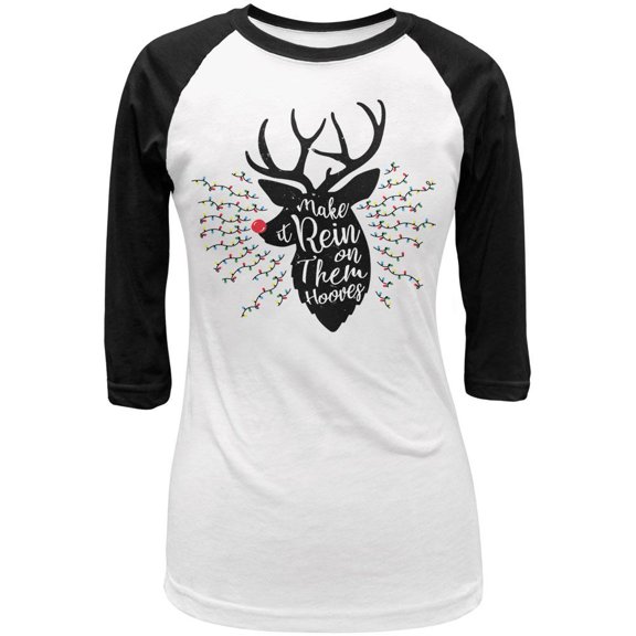 Christmas Make it Rein Rain Reindeer Pun Juniors 3/4 Raglan T Shirt White-Black LG