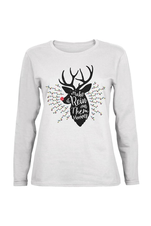 Christmas Make it Rein Rain Reindeer Pun Ladies' Relaxed Jersey Long-Sleeve Tee White LG