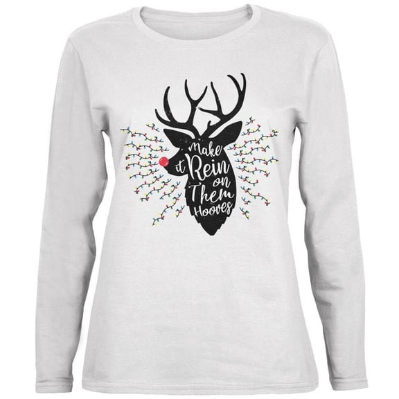 Christmas Make it Rein Rain Reindeer Pun Ladies' Relaxed Jersey Long-Sleeve Tee White MD