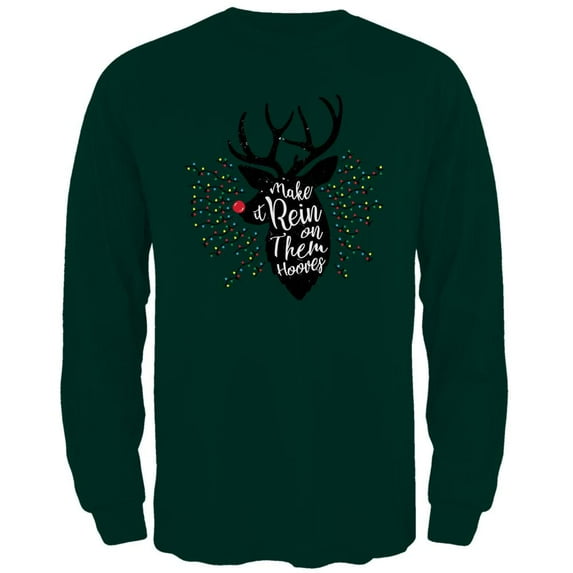 Christmas Make it Rein Rain Reindeer Pun Mens Long Sleeve T Shirt Forest Green SM