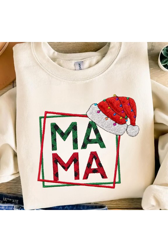 Christmas Mama Embroidery Design with Santa Hat and Lights – Festive Holiday Text for Custom Apparel, Gifts, and Home Decor