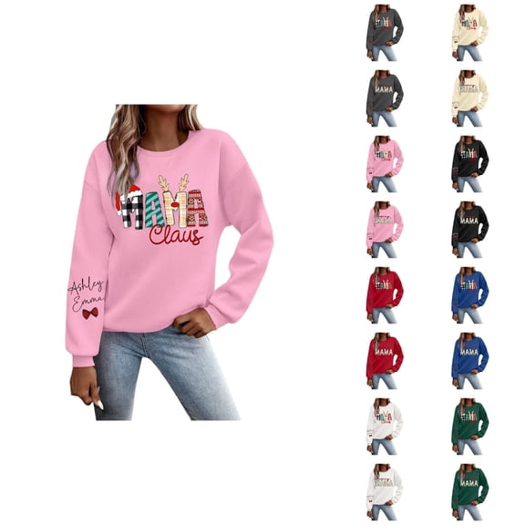 Christmas Mama Sweatshirts for Women 2025 Long Sleeve Crewneck Merry Mama Claus Graphic Sweatshirt Pullover Tops