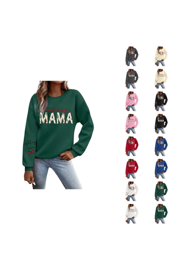 Christmas Mama Sweatshirts for Women 2025 Long Sleeve Crewneck Merry Mama Claus Graphic Sweatshirt Pullover Tops