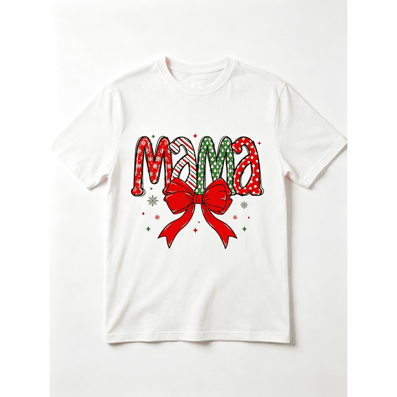 Christmas Mama T-Shirt Red Bow Snowflake Holiday Mom Graphic Tee