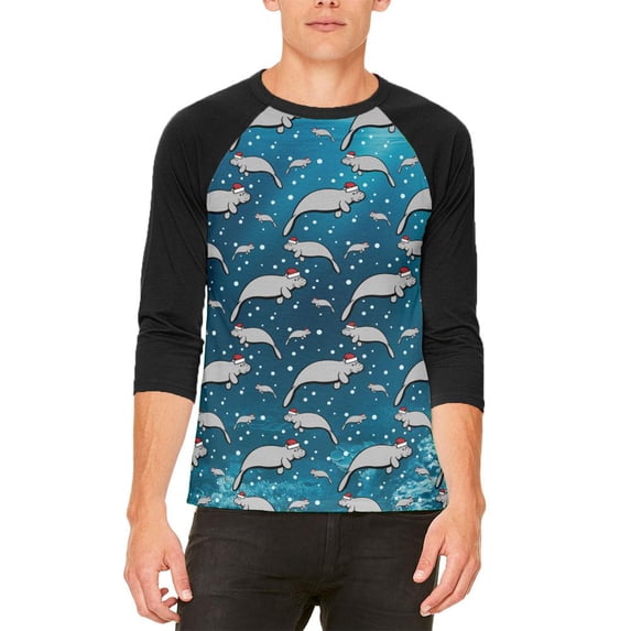 Christmas Manatee Floaty Potato Pattern Mens Raglan T Shirt White-Black LG