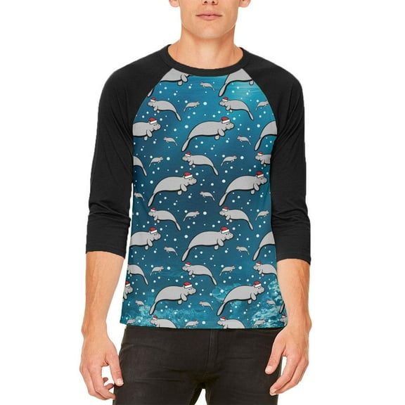 Christmas Manatee Floaty Potato Pattern Mens Raglan T Shirt White-Black SM