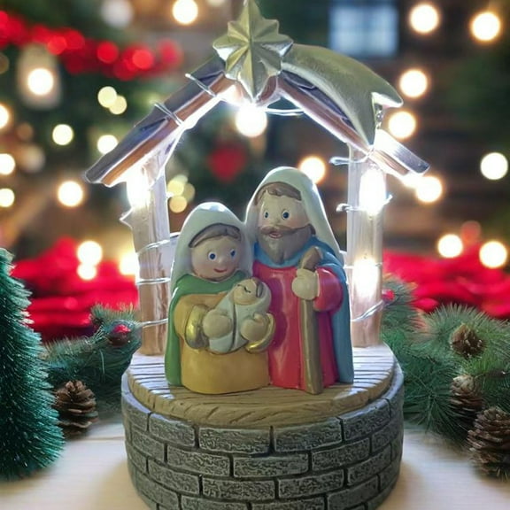 Christmas Manger Scene Figurine - Holy Family Nativity Set with Star & Lights,Resin Craft,Religious Holiday Decor,Perfect for Christmas Tree,Mantel,or Tabletop Display