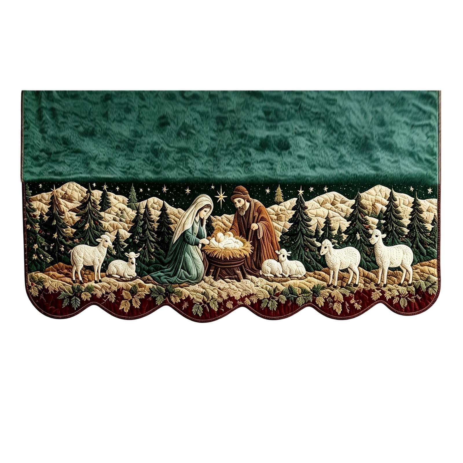 Christmas Mantel Cover Nativity Scene with Holy Family and Sheep with ...