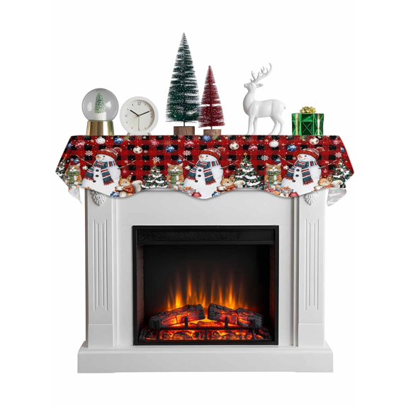 Christmas Mantel Scarf Fireplace Decorations for Living Room, Snowman Poinsettia Pine Tree Red Black Plaid Fireplace Mantel Scarf Cover Runner for Halloween/Thanksgiving/Christmas Decor 90"x17"