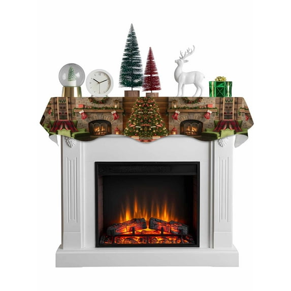 Christmas Mantel Scarf Fireplace Decorations for Living Room, Winter Fireplace Wreath Modern Xmas Scenery Fireplace Mantel Scarf Cover Runner for Halloween/Thanksgiving/Christmas Decor 90"x17"