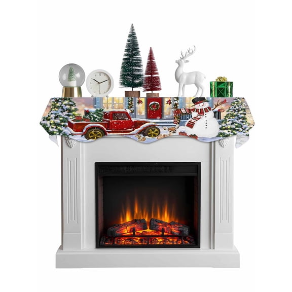 Christmas Mantel Scarf Fireplace Decorations for Living Room, Xmas Snowman Truck Farmhouse Tree Fireplace Mantel Scarf Cover Runner for Halloween/Thanksgiving/Christmas Decor 60"x17"