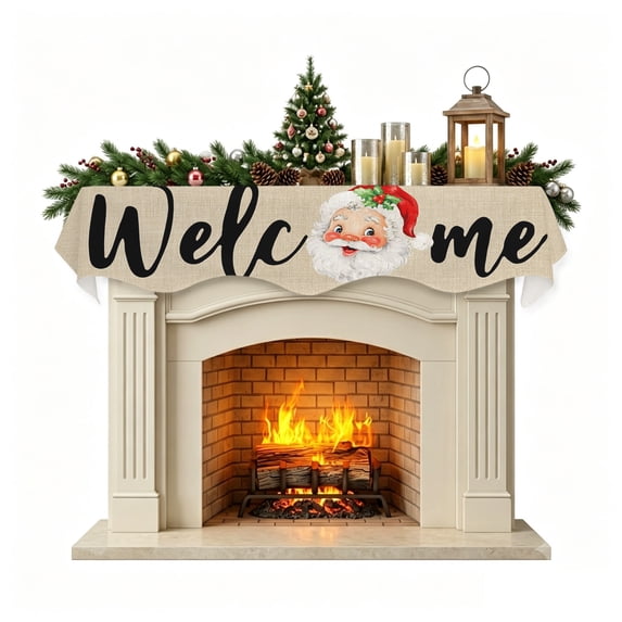Christmas Mantle Scarf 60x17 Inch, Beige Christmas Fireplace Christmas Decorations Cover Runner, Santa Xmas Rustic Farmhouse Winter Christmas Mantel Decorations Xmas Holiday Mantel Scarves