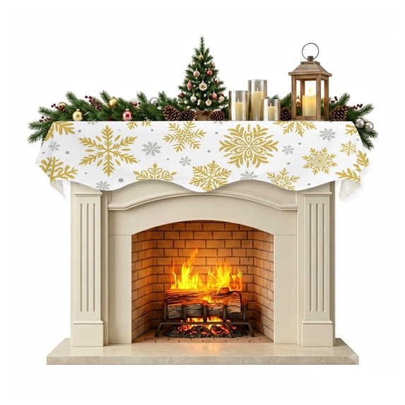 Christmas Mantle Scarf 60x17 Inch, Christmas Fireplace Christmas Decorations Cover Runner, Winter Xmas Yellow Snowflakes Textured Christmas Mantel Decorations Xmas Holiday Mantel Scarves