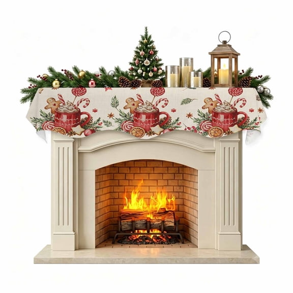 Christmas Mantle Scarf 60x17 Inch, Christmas Gingerbread Fireplace Christmas Decorations Cover Runner, Winter Xmas Ball Candy Pine Leaf Beige Christmas Mantel Decorations Xmas Holiday Mantel Scarves