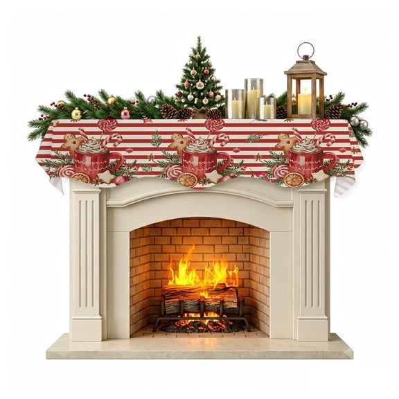 Christmas Mantle Scarf 60x17 Inch, Christmas Gingerbread Fireplace Christmas Decorations Cover Runner, Winter Xmas Balls Candy Red Stripe Christmas Mantel Decorations Xmas Holiday Mantel Scarves