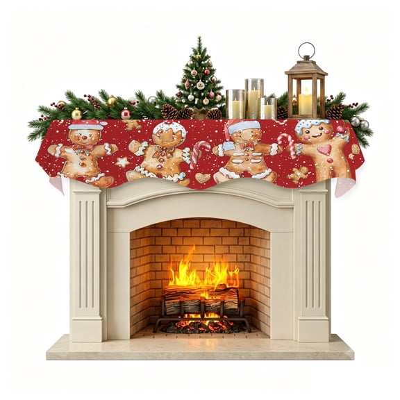 Christmas Mantle Scarf 60x17 Inch, Christmas Gingerbread Man Fireplace Christmas Decorations Cover Runner, Winter Cute Candy Xmas Cartoon Red Christmas Mantel Decorations Xmas Holiday Mantel Scarves
