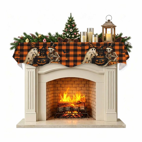 Christmas Mantle Scarf 60x17 Inch, Orange Checkered Halloween Fireplace Christmas Decorations Cover Runner, Funny Ghost Black Cat Skull Christmas Mantel Decorations Xmas Holiday Mantel Scarves