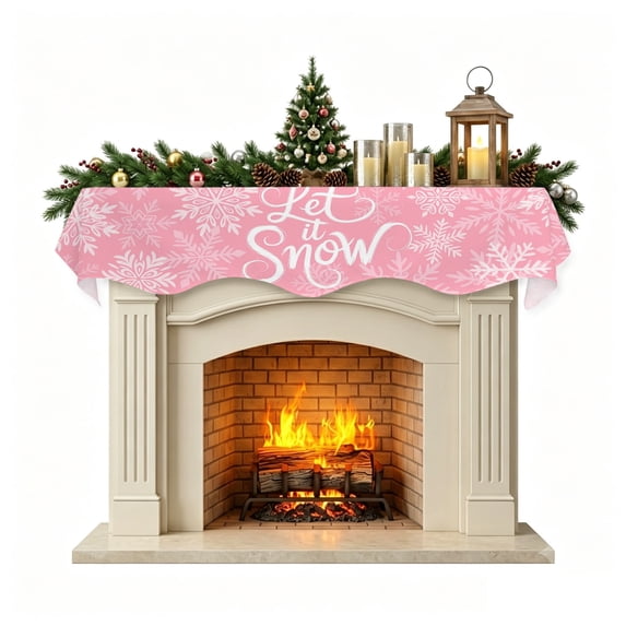 Christmas Mantle Scarf 60x17 Inch, Pink Christmas Fireplace Christmas Decorations Cover Runner, Winter Xmas White Snowflakes Texture Christmas Mantel Decorations Xmas Holiday Mantel Scarves