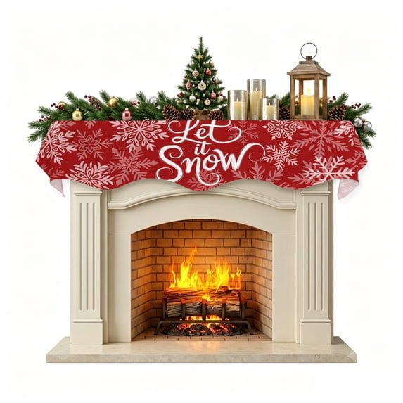 Christmas Mantle Scarf 60x17 Inch, Red Christmas Fireplace Christmas Decorations Cover Runner, Farmhouse Winter White Xmas Snowflakes Christmas Mantel Decorations Xmas Holiday Mantel Scarves