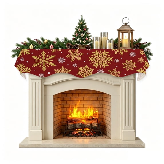 Christmas Mantle Scarf 60x17 Inch, Red Christmas Fireplace Christmas Decorations Cover Runner, Winter Xmas Snowflakes Textured Christmas Mantel Decorations Xmas Holiday Mantel Scarves