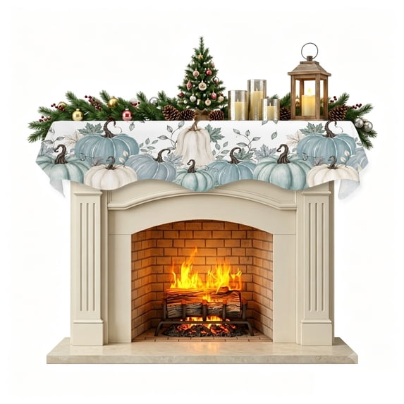 Christmas Mantle Scarf 60x17 Inch, Teal Pumpkins Fall Fireplace Christmas Decorations Cover Runner, Thanksgiving Autumn Leaves Botanical Christmas Mantel Decorations Xmas Holiday Mantel Scarves