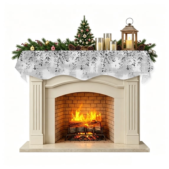 Christmas Mantle Scarf 70x17 Inch, Rustic Botanical Fireplace Christmas Decorations Cover Runner, Farmhouse Weeping Leaves Vintage Gray Christmas Mantel Decorations Xmas Holiday Mantel Scarves