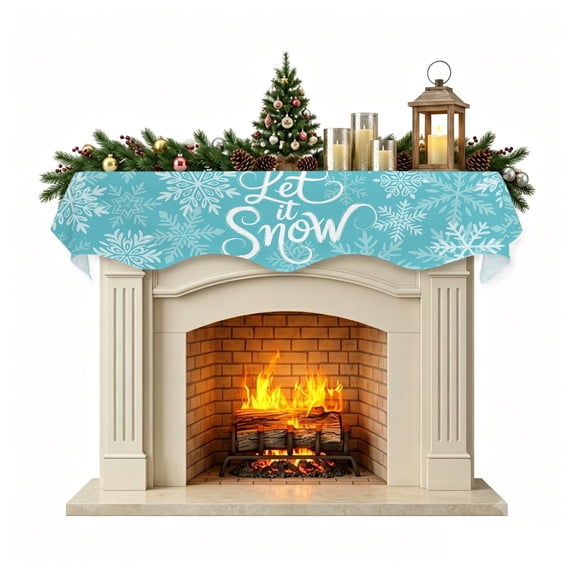 Christmas Mantle Scarf 70x17 Inch, Turquoise Christmas Fireplace Christmas Decorations Cover Runner, Winter White Snowflakes Patterned Christmas Mantel Decorations Xmas Holiday Mantel Scarves