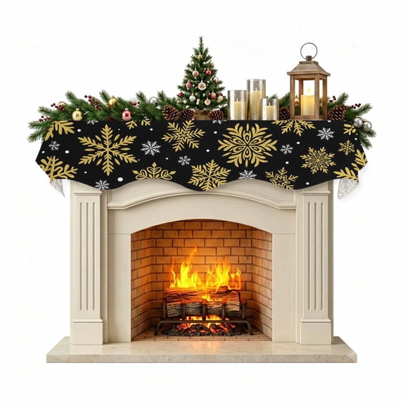 Christmas Mantle Scarf 90x17 Inch, Black Christmas Fireplace Christmas Decorations Cover Runner, Winter Xmas Snowflakes Textured Christmas Mantel Decorations Xmas Holiday Mantel Scarves