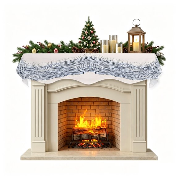 Christmas Mantle Scarf 90x17 Inch, Blue Dot Fireplace Christmas Decorations Cover Runner, Abstract Modern Geometric Polka Dots Waves Christmas Mantel Decorations Xmas Holiday Mantel Scarves