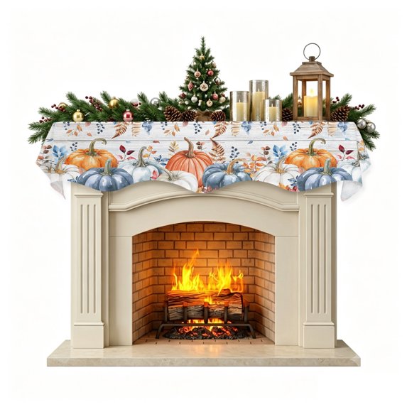 Christmas Mantle Scarf 90x17 Inch, Fall Blue Pumpkins Fireplace Christmas Decorations Cover Runner, Thanksgiving Eucalyptus Farm Wooden Plank Christmas Mantel Decorations Xmas Holiday Mantel Scarves