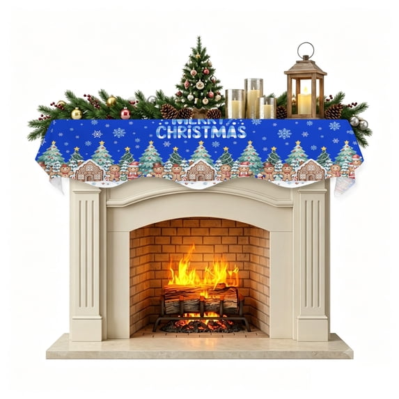 Christmas Mantle Scarf 90x17 Inch, Gingerbread Christmas Fireplace Christmas Decorations Cover Runner, Xmas Tree Snowflake Blue Christmas Mantel Decorations Xmas Holiday Mantel Scarves