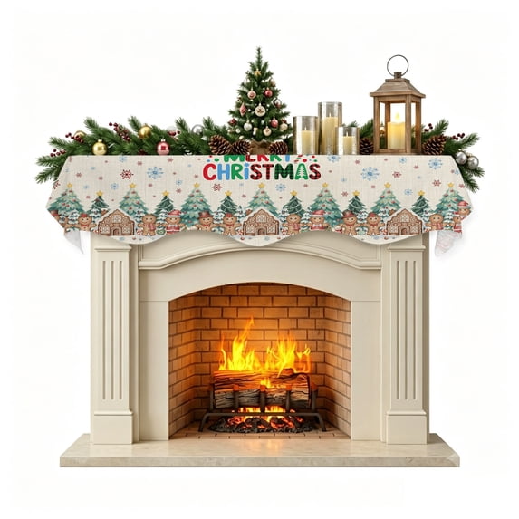Christmas Mantle Scarf 90x17 Inch, Gingerbread Christmas Fireplace Christmas Decorations Cover Runner, Xmas Tree Snowflake Rustic Christmas Mantel Decorations Xmas Holiday Mantel Scarves
