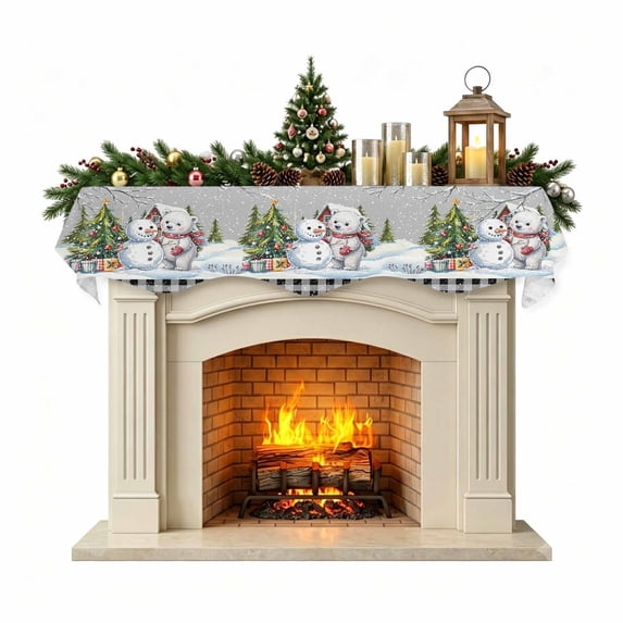 Christmas Mantle Scarf 90x17 Inch, Grey Christmas Fireplace Christmas Decorations Cover Runner, Xmas Tree Snowman Bear Snowfall Plaid Christmas Mantel Decorations Xmas Holiday Mantel Scarves