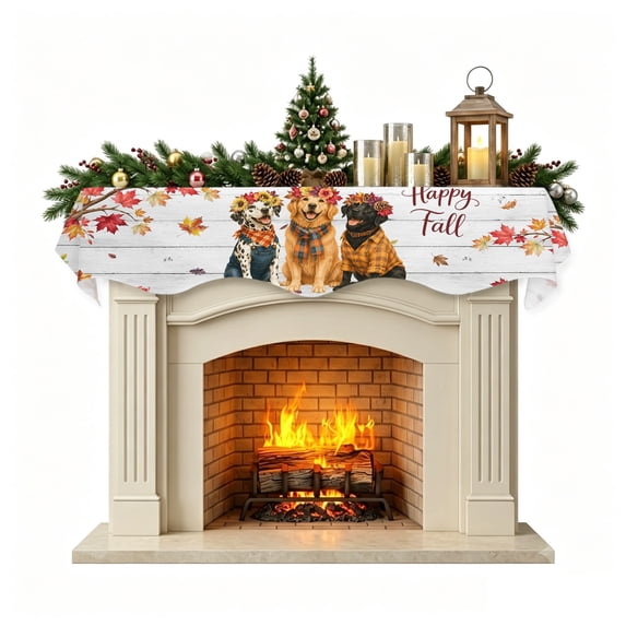 Christmas Mantle Scarf 90x17 Inch, Happy Fall Fireplace Christmas Decorations Cover Runner, Cute Dogs Maple Branch Thanksgiving Wood Christmas Mantel Decorations Xmas Holiday Mantel Scarves