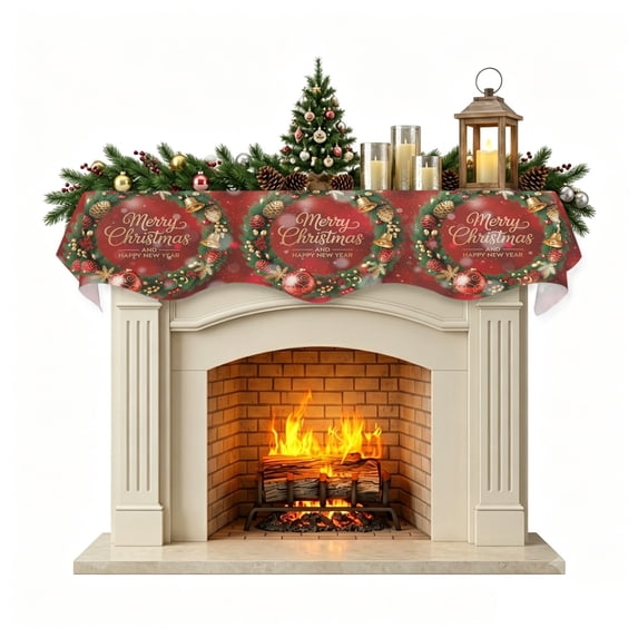 Christmas Mantle Scarf 90x17 Inch, Red Christmas Fireplace Christmas Decorations Cover Runner, Winter Xmas Pine Branches Cone Balls Christmas Mantel Decorations Xmas Holiday Mantel Scarves