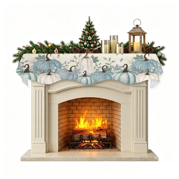 Christmas Mantle Scarf 90x17 Inch, Teal Green Pumpkins Fall Fireplace Christmas Decorations Cover Runner, Autumn Weeping Leaves Thanksgiving Christmas Mantel Decorations Xmas Holiday Mantel Scarves