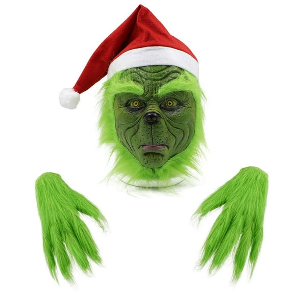 Christmas Mask with Gloves, Green Cosplay Mask with Santa Hat, Green Christmas Character Costume Accessory for Adults