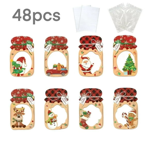 Christmas Mason Jar Treat Bags, 48PCS Festive Gift Bags with 8 Styles for Candy, Party Favors & Holiday Gifts