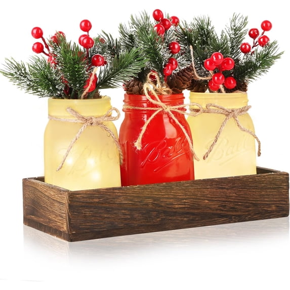 Christmas Mason Jars, Christmas Centerpiece Table Settings, Wood Tray with 3 Painted Jars、Flowers and Lights, Dining Coffee Table Centerpiece, Christmas Mason Jar Decor for Xmas Home Desk Mantel