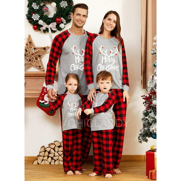Christmas Matching Family Pajama Set,Christmas Pajamas with Letters and  Check Print Long Sleeve T-Shirts and Bottoms Homewear