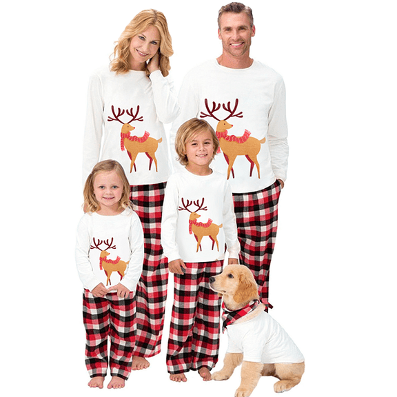 Christmas Matching Family Pajamas Elk Print Pullover Top Plaid Pants Holiday Sleepwear Set