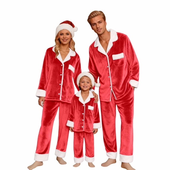 Christmas Matching Family Pajamas Plush Fleece Pajamas Long Sleeve Button down Sleepwaear Holiday Top and Pajamas Pants Mom and Son Matching Pajamas