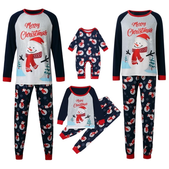 Christmas Matching Family Pajamas Set Snowman Letter Print Long Sleeve Top and Matching Pants Pjs for Adults