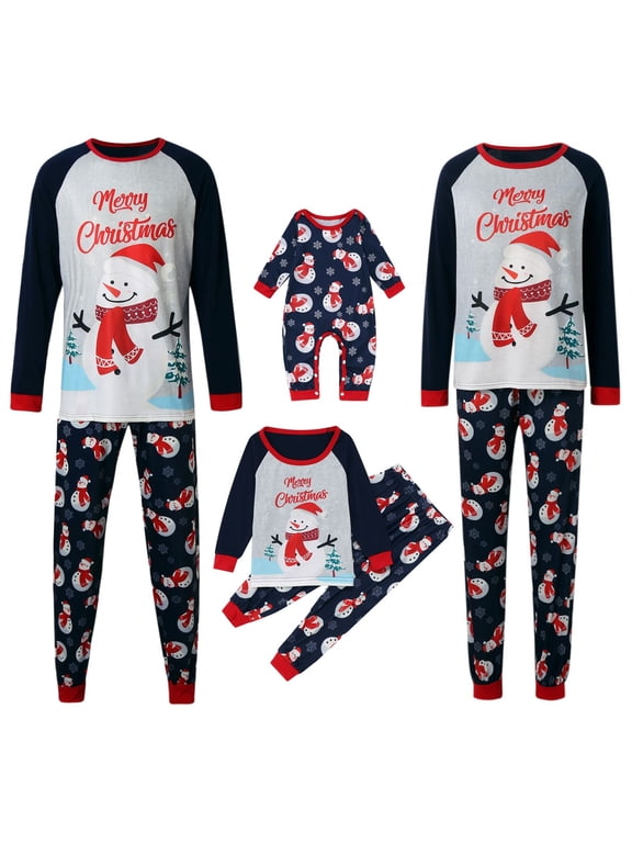 Christmas Matching Family Pajamas Set Snowman Letter Print Long Sleeve Top and Matching Pants Pjs for Adults