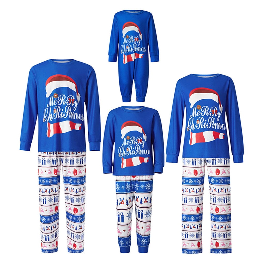 Christmas Matching Family Pajamas Sets Blue Merry Christmas Printed One